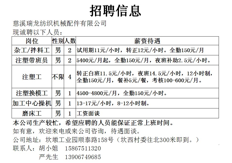 慈溪观城工厂最新招聘